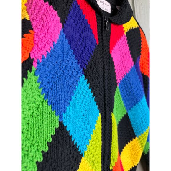 Vintage Marisa Christina Hand-Knitted Rainbow Argyle Sweater Zip Front Size L - Picture 4 of 7